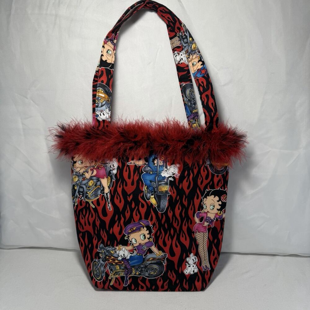 Vintage Biker Betty Boop Tote Purse Motorcycle Flames And Feathers Red & Black